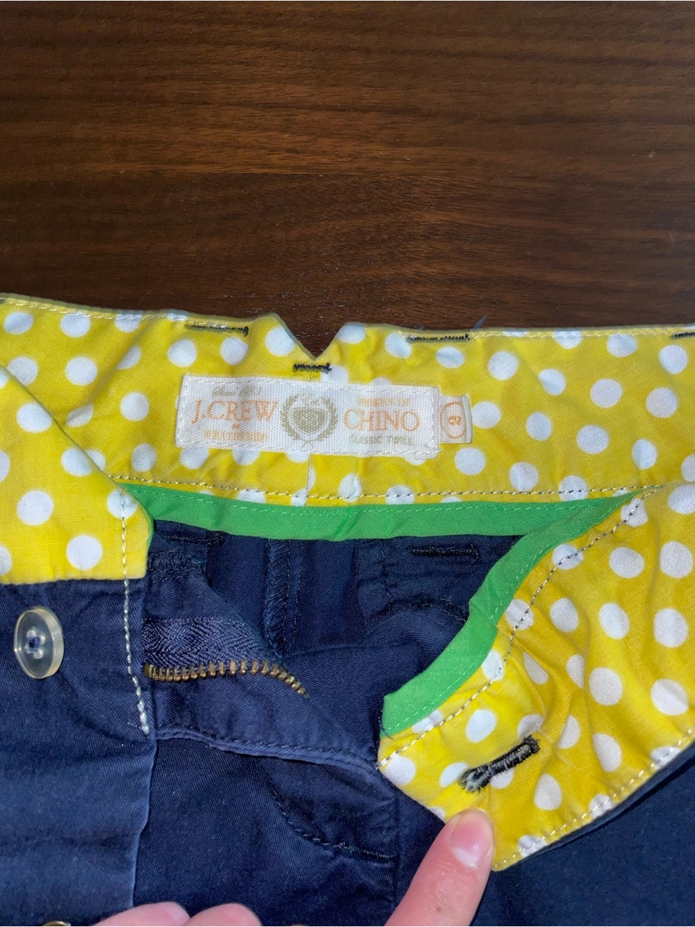 J. Crew Navy Women's Bike Shorts with Yellow Polka Dot Lining - Picture 2 of 6